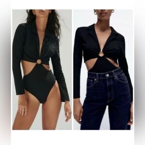 Zara Black Long-Sleeve Ring Cutout Bodysuit